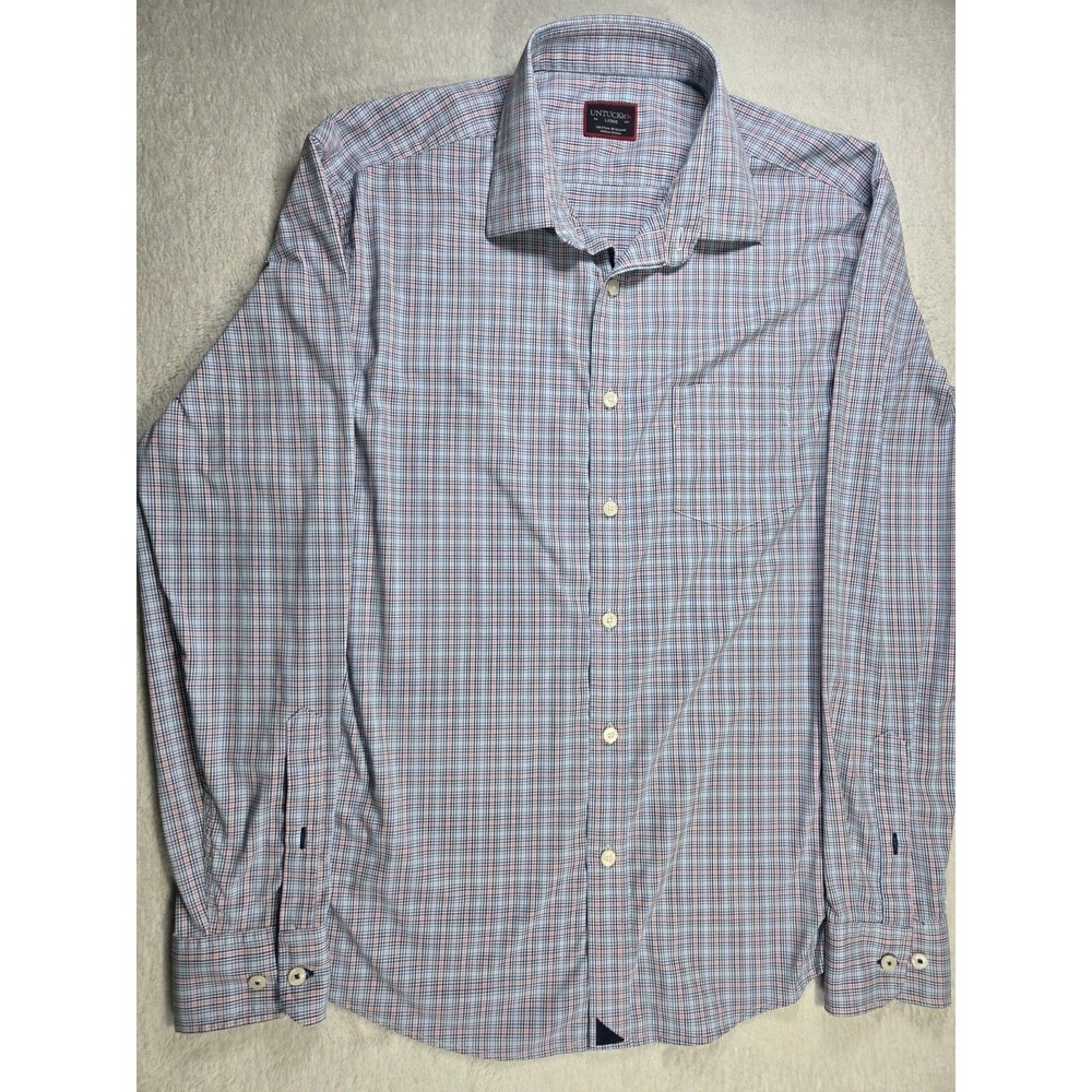 UNTUCKit Buceter Men Large Performance Stretch Button Down Shirt Blue Pink Plaid